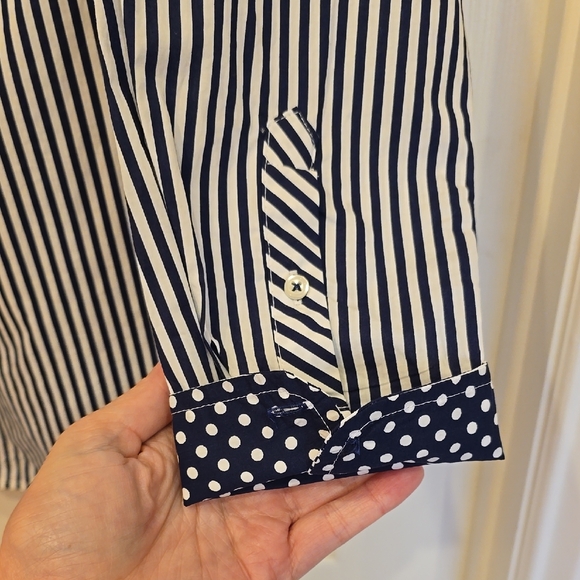 Talbots Navy and White Striped Button Down Blouse With Polkadot Trim - Picture 4 of 8
